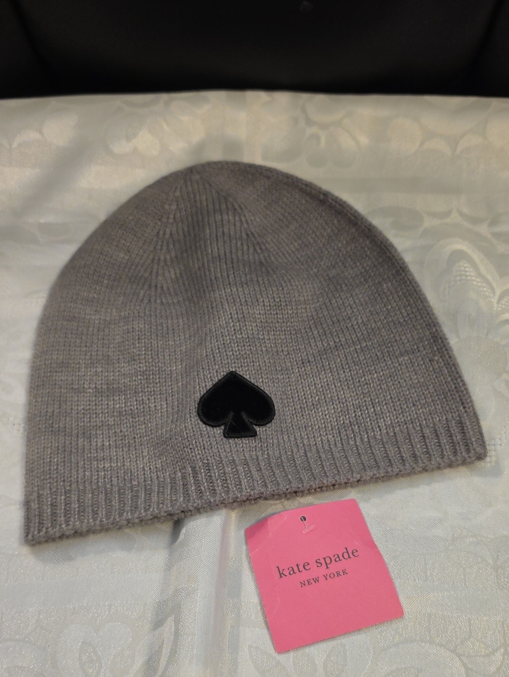 kate spade Gray Knit Beanie with Black Spade Patch